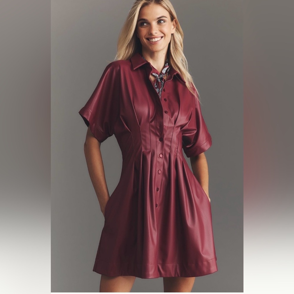 The Tobie Faux-Leather Mini Shirt Dress Red